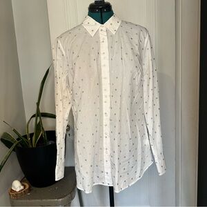 Talbots White Button-Up Shirt with Silver Polka Dots